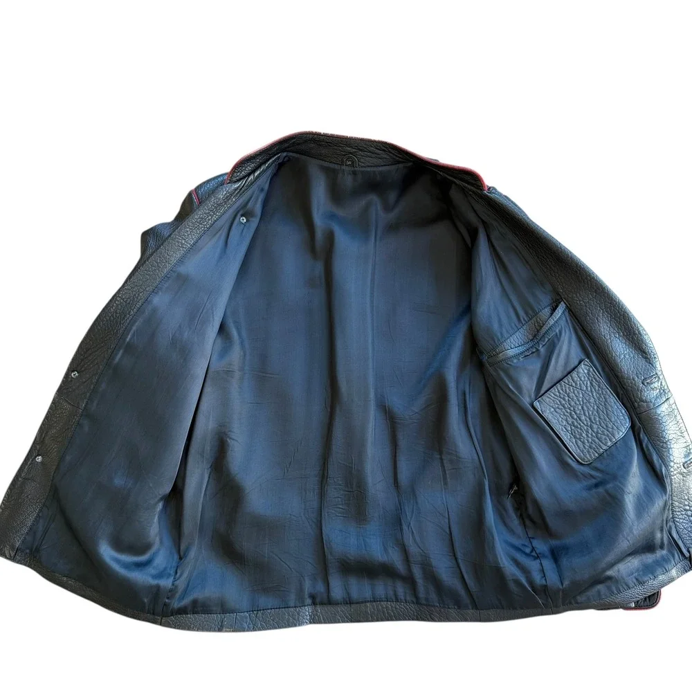 Vintage Mens Black Leather Blazer Jacket Red Trim Western Style‎ Size 50